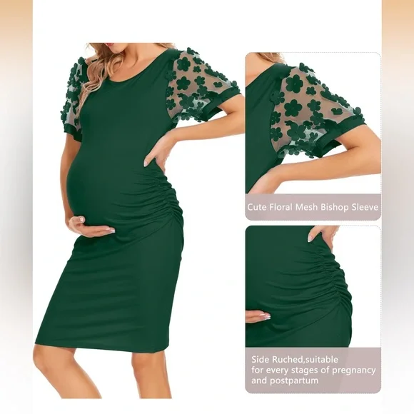 Green Maternity Dress with Floral Sleeves Large - Picture 2 of 6